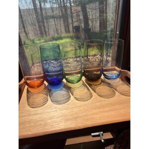 Vintage MCM Set of 5 Colored Base Tumblers Highball Glasses 12oz